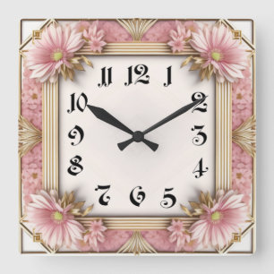 Horloge Carrée Fleur Art Déco Rose