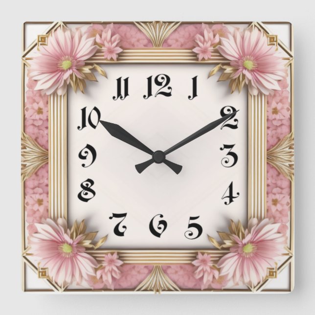 Horloge Carrée Fleur Art Déco Rose (Recto)