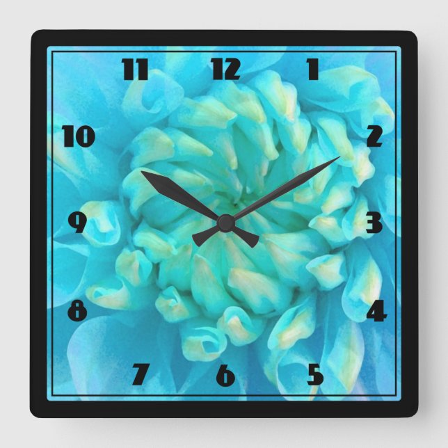 Horloge Carrée Fleur bleu turquoise Dahlia en Aquarelle (Recto)