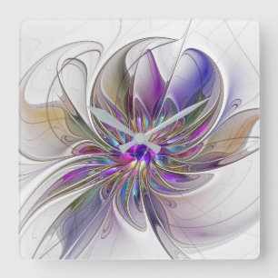 Horloge Carrée Fleur d'art fractal abstrait énergique et coloré