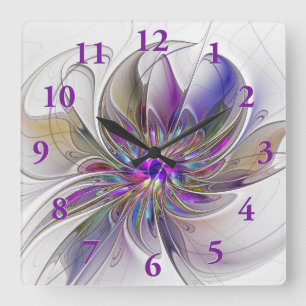 Horloge Carrée Fleur d'art fractal abstrait énergique et coloré