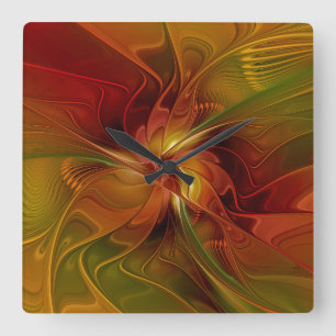 Horloge Carrée Fleur d'art fractal abstrait rouge orange marron v