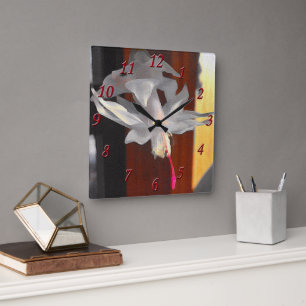 Horloge Carrée Fleur de cactus de Noël blanc chaviré