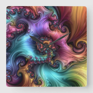Horloge Carrée Fleur de fantaisie colorée et brillante, art fract