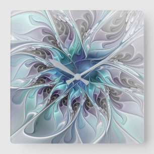 Horloge Carrée Fleur de fractale moderne abstraite avec du bleu