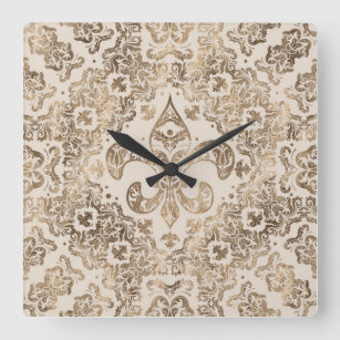 Horloge Carrée Fleur de lis Ornement - or pastel