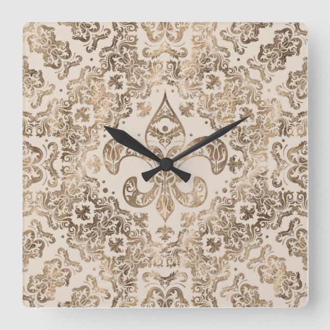 Horloge Carrée Fleur de lis Ornement - or pastel (Recto)