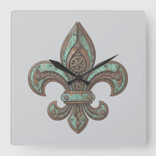 Horloge Carrée Fleur-de-Lis Steampunk Engrenage Industriel engren