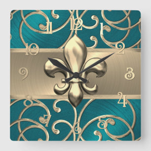 Horloge Carrée Fleur de Lis turquoise et Gold Filigree