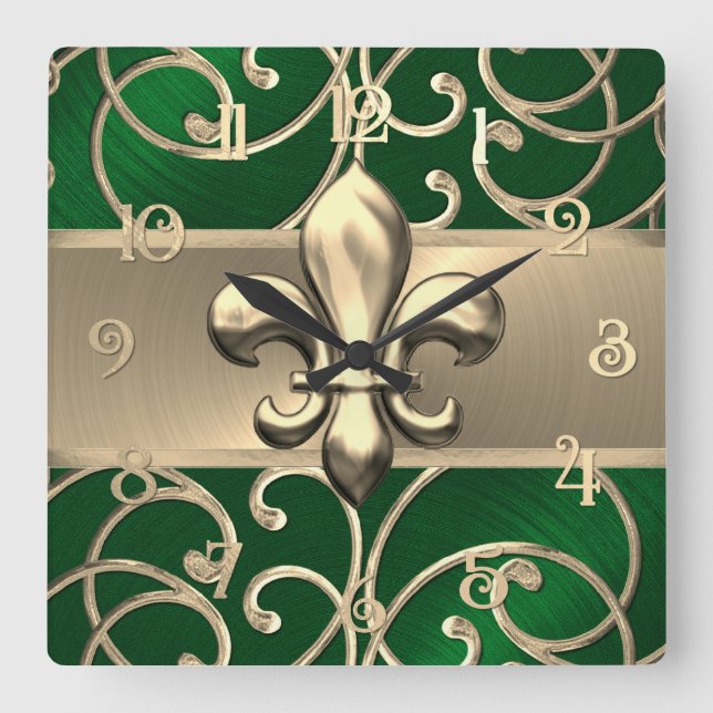 Horloge Carrée Fleur de Lis vert et or en fibre (Recto)