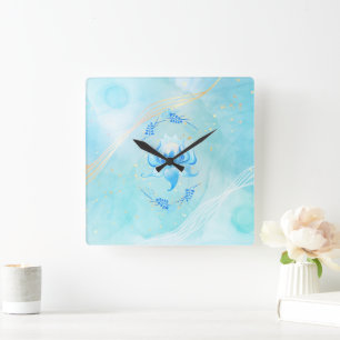 Horloge Carrée Fleur de Lotus sarcelle Azure Bloom
