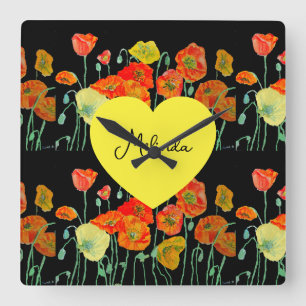 Horloge Carrée Fleur de pavot orange rouge Nom de femme aquarelle