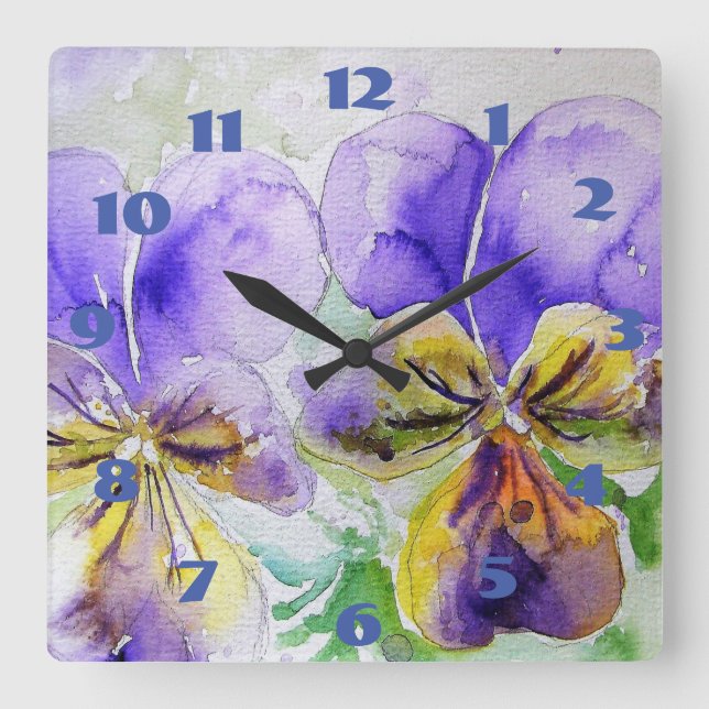 Horloge Carrée Fleur de pensée à l'aquarelle violette Viola  (Recto)