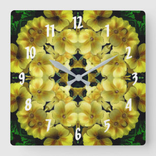 Horloge Carrée Fleur de primevère jaune Art abstrait  