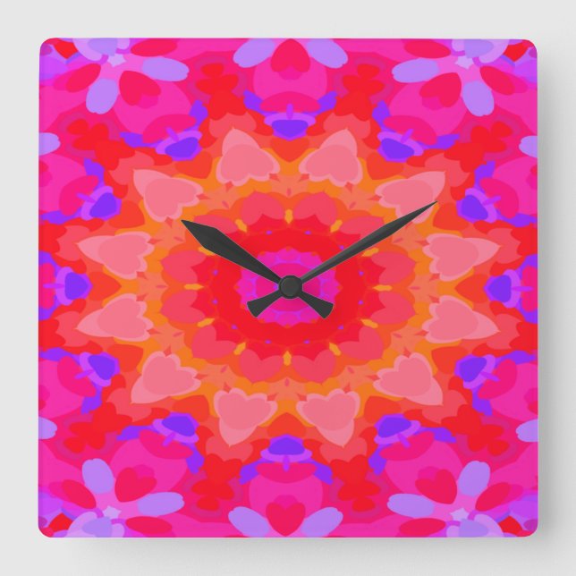 Horloge Carrée Fleur de soleil violet, rose et orange (Recto)