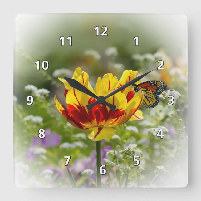 Horloge Carrée Fleur de tulipe et papillon monarque (Recto)