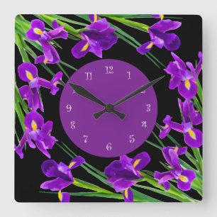 Horloge Carrée Fleur d'Iris violet Design