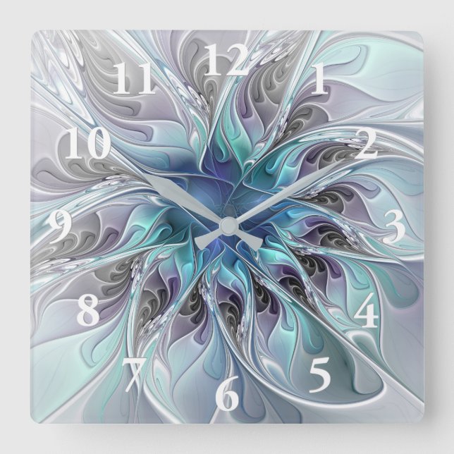 Horloge Carrée Fleur fractale moderne abstraite avec du bleu (Recto)