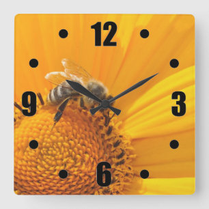 Horloge Carrée Fleur Jaune Lumineuse Et Abeille De Miel