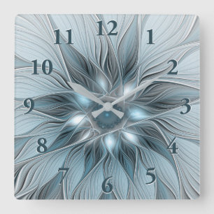 Horloge Carrée Fleur Joyeuse Abstrait gris bleu floral Fractal