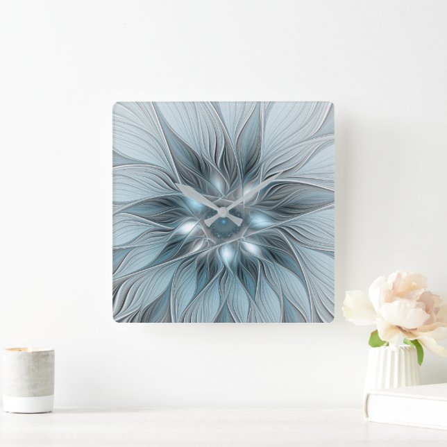 Horloge Carrée Fleur joyeuse abstraite fleur bleue grise fractale (Maison)