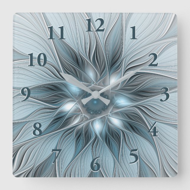 Horloge Carrée Fleur joyeuse abstraite fleur bleue grise fractale (Recto)