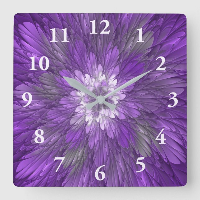 Horloge Carrée Fleur psychédélique violette Abstraite Fractal Art (Recto)