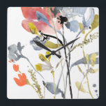 Horloge Carrée Fleur recouverte - fleurs de pastel d'aquarelle<br><div class="desc">La fleur a recouvert I par Jennifer Goldberger. Fleurs et tiges de caractéristiques dans a aquarelle-comme le style,  principalement avec un plan de couleur claire.</div>