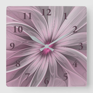 Horloge Carrée Fleur rose attendant une abeille Art fractal abstr