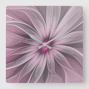 Horloge Carrée Fleur rose attendant une abeille Art fractal abstr