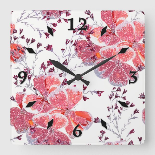 Horloge Carrée Fleur rouge rose sur blanc. (Recto)