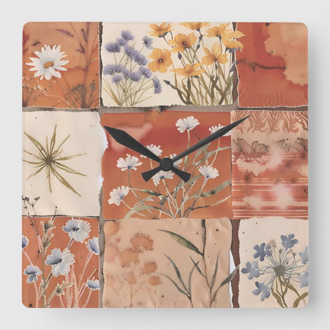 Horloge Carrée Fleur sauvage en terre cuite Patchwork Rustique Bo (Recto)