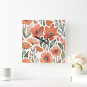 Horloge Carrée Fleur sauvage en terre cuite Russe Boho Accent mur
