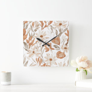 Horloge Carrée Fleur sauvage en terre cuite Russe Boho Accent mur