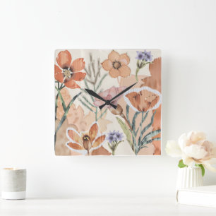 Horloge Carrée Fleur sauvage en terre cuite Russe Boho Accent mur