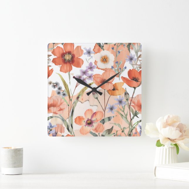 Horloge Carrée Fleur sauvage en terre cuite Russe Boho Accent mur (Maison)