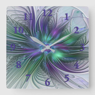 Horloge Carrée Fleur vert violet Art Abstrait moderne Fractal