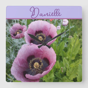 Horloge Carrée Fleur violette de pavot nom de filles fleurs de pa