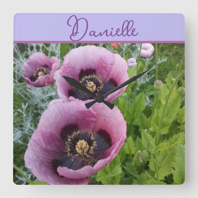 Horloge Carrée Fleur violette de pavot nom de filles fleurs de pa (Recto)