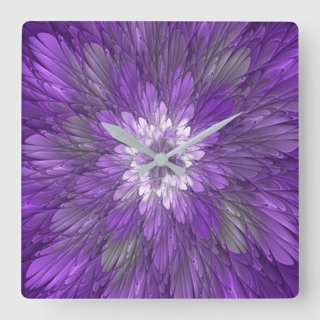 Horloge Carrée Fleur Violette Psychedelique Art Fractal Abstrait (Recto)
