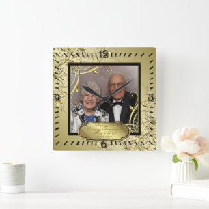 Horloge Carrée Fleurir Or Noir Photo 50e Anniversaire de Mariage