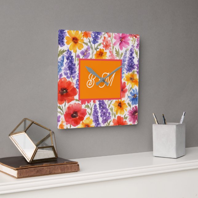 Horloge Carrée fleurit de jardin d'été brillant (Bureau)