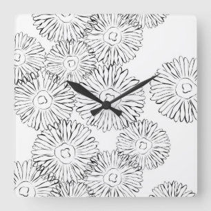 Horloge Carrée Fleurs abstraites de printemps noir et blanc