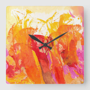 Horloge Carrée Fleurs abstraites en rose, mandarine, et or