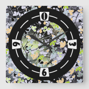 Horloge Carrée Fleurs Abstraites fleurie moderne noir bleu vert l