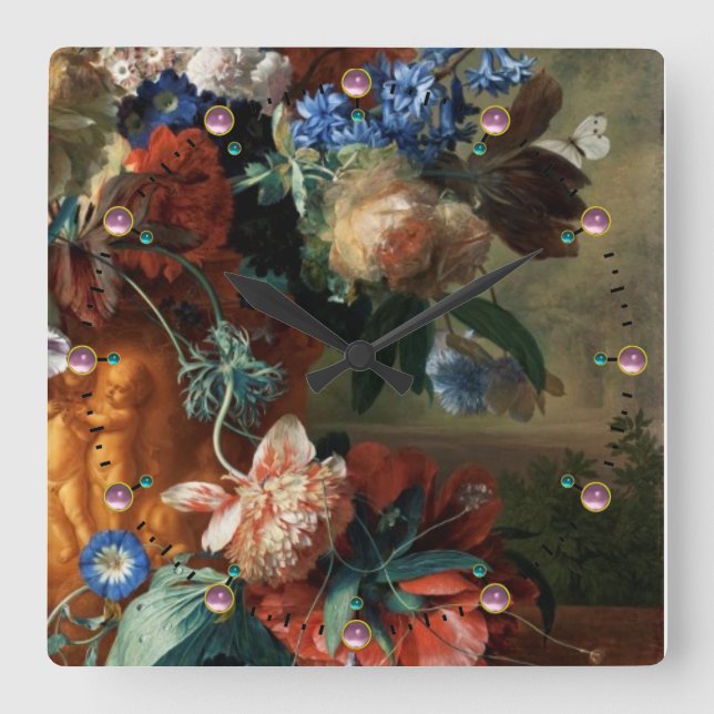 HORLOGE CARRÉE FLEURS ANTIQUES, ANÉMONES ROUGES ET ROSES, FLEURS  (Recto)