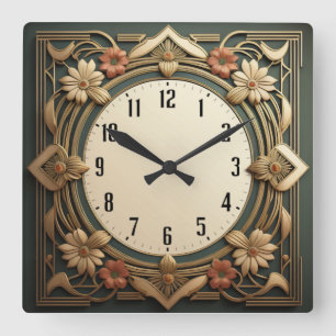 Horloge Carrée Fleurs Art Déco