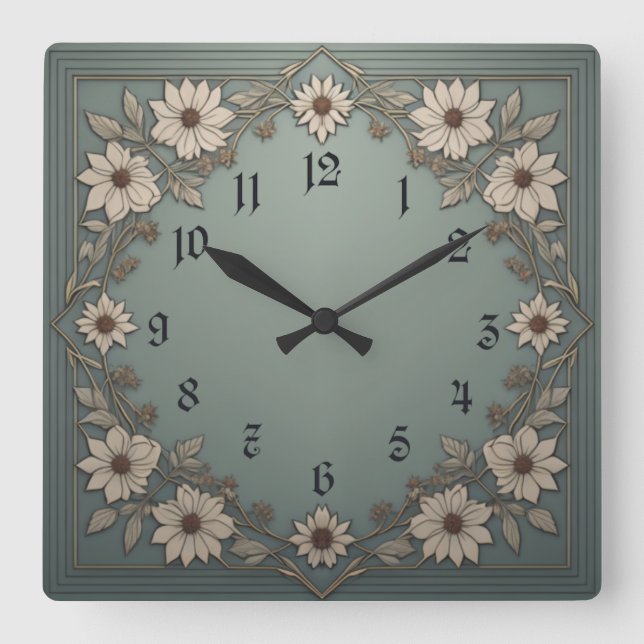 Horloge Carrée Fleurs Art Déco (Recto)