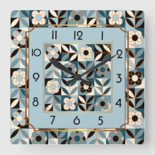 Horloge Carrée Fleurs Art déco bleu