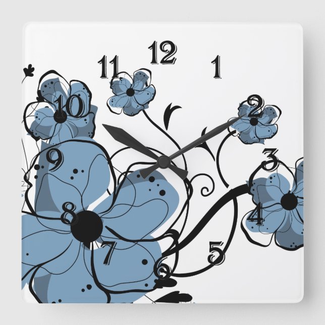 Horloge Carrée Fleurs bleues et noires modernes (Recto)